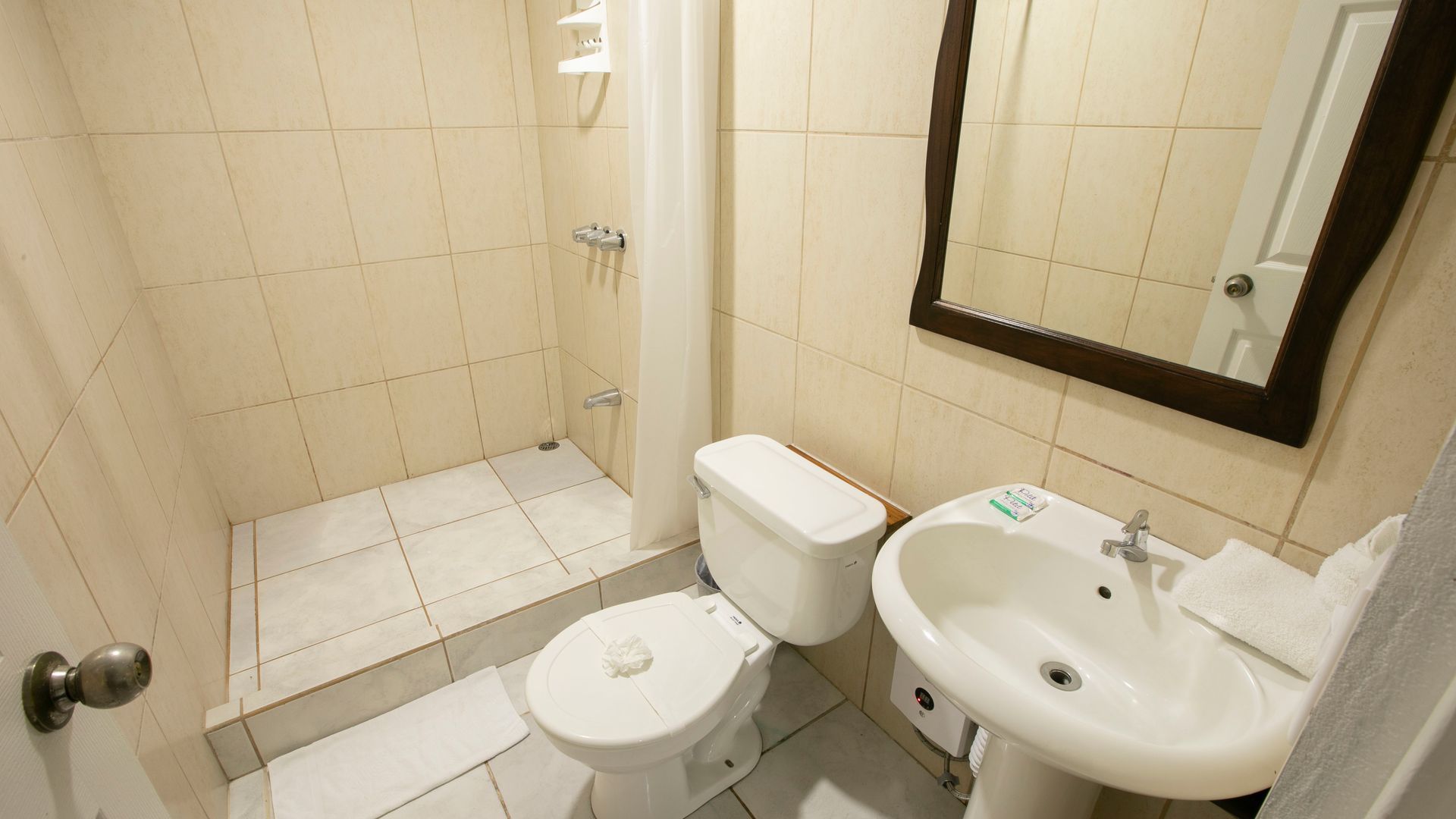 a bathroom with a toilet , sink and mirror .
