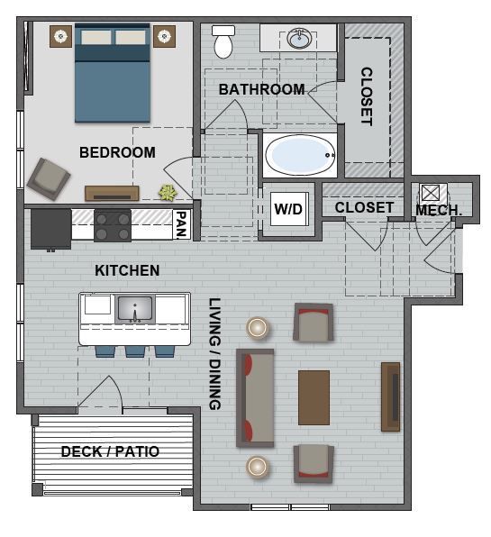 A floor plan of a house with a bedroom , bathroom , kitchen and living room.
