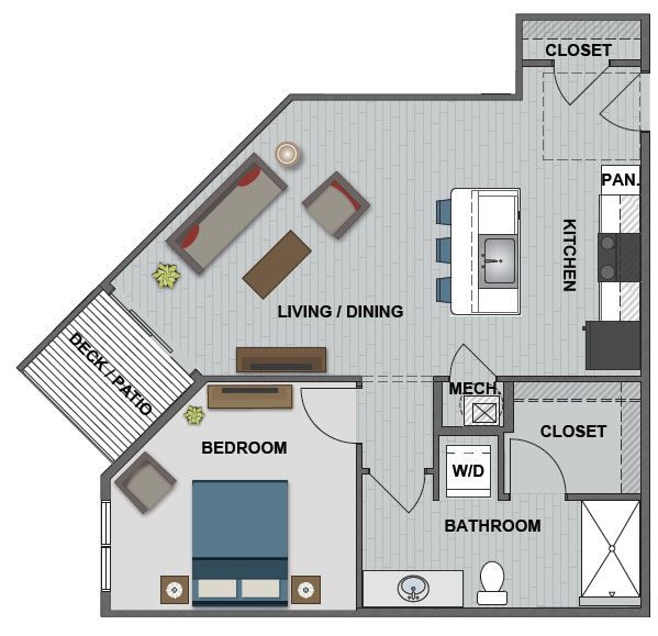 A floor plan of a house with a bedroom , living room , dining room , and bathroom.