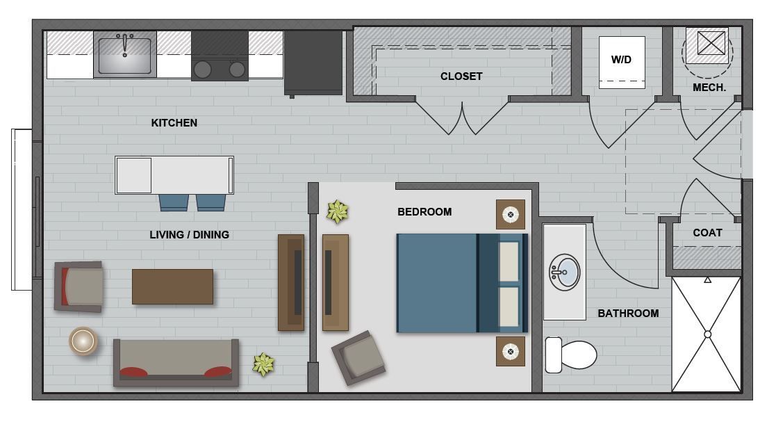 A floor plan of a house with a bedroom , living room , and kitchen.