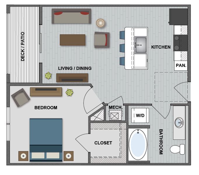 A floor plan of a house with a bedroom , living room , dining room , kitchen and bathroom.