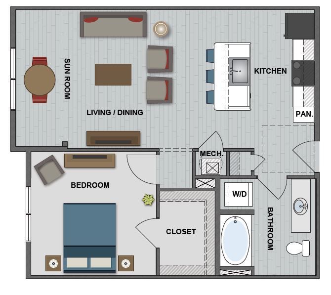 A floor plan of a house with a bedroom , living room , dining room , kitchen and bathroom.