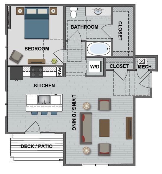 A floor plan of a house with a bedroom , bathroom , kitchen , living room and patio.