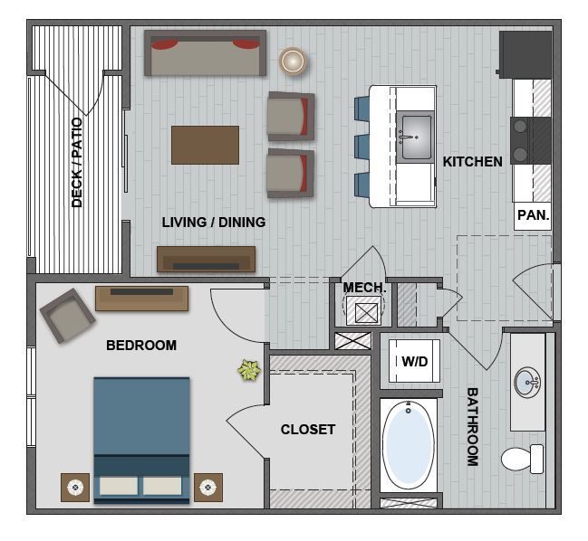 A floor plan of a house with a bedroom , living room , dining room , and bathroom.
