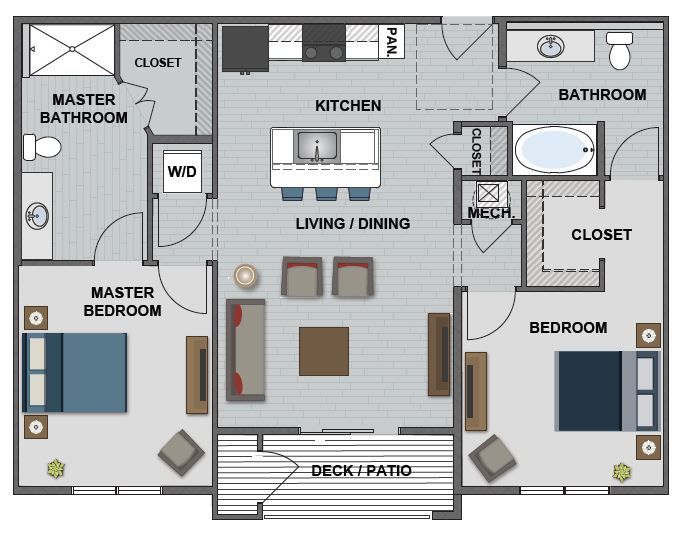 A floor plan of a house with two bedrooms and a bathroom