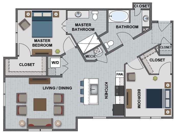 A floor plan of a house with two bedrooms and a bathroom.