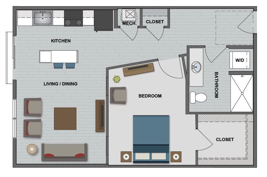 A floor plan of a house with a bedroom , living room , and kitchen.