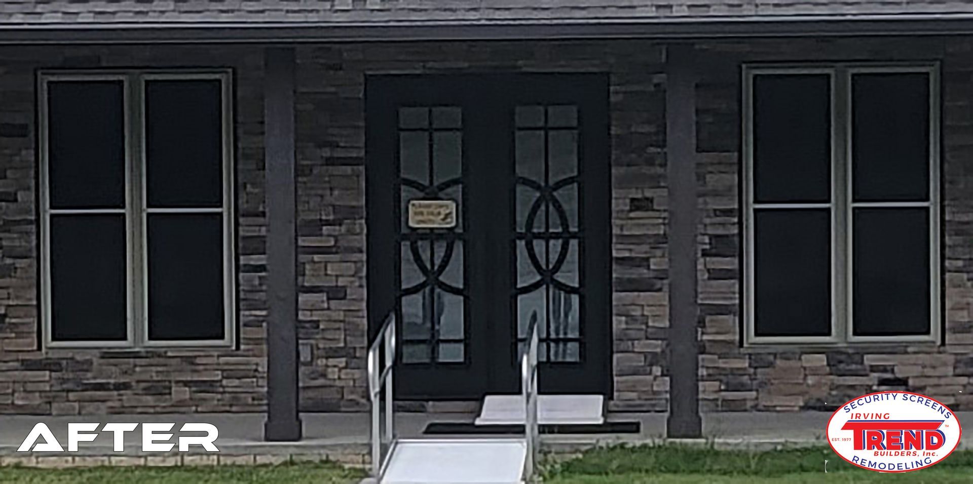 A before and after photo of a house with a black door and windows.