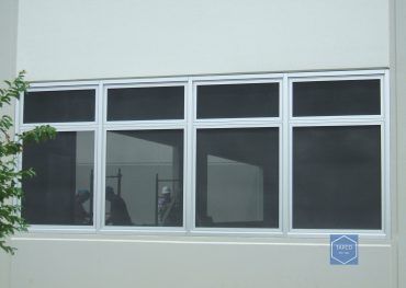 A large window on the side of a building