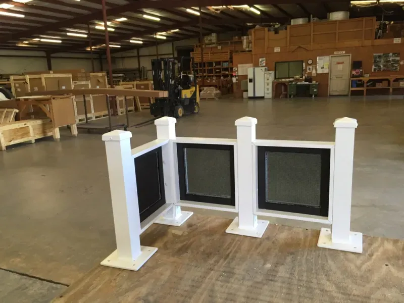 A large warehouse with a forklift in the background