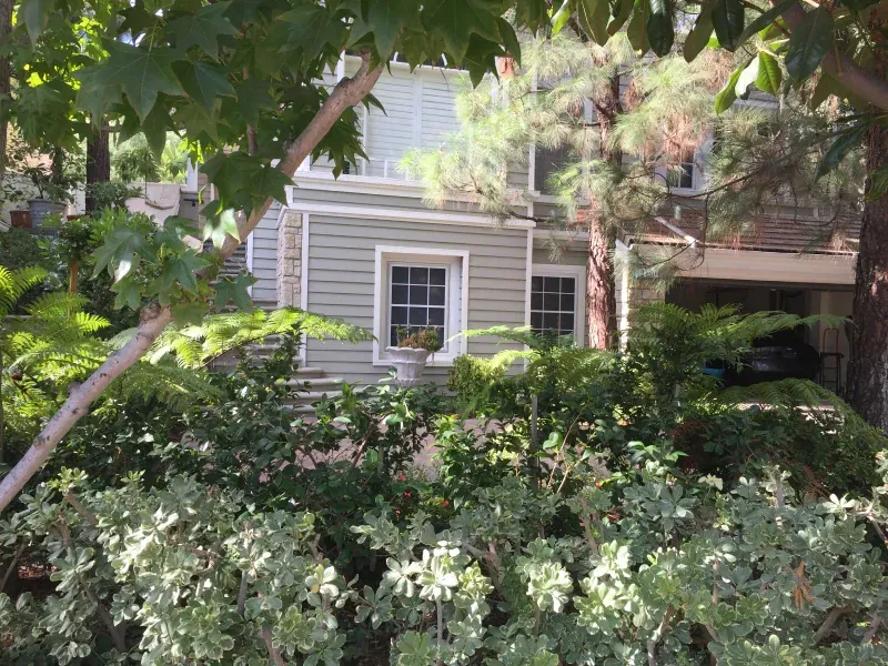 A house with a garage is surrounded by trees and bushes.