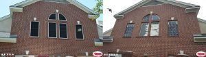 Two pictures of a brick building with arched windows.