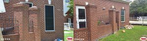 A before and after picture of a brick house with a lot of windows.