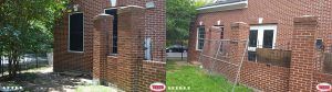 A before and after picture of a brick building.