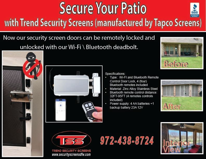 Advertisement for Trend Security Screens with a remote locking deadbolt for patios. It shows a screen door, before/after photos, and contact info.