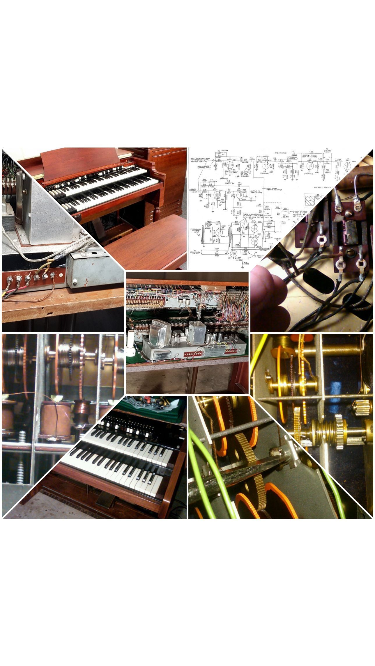 Collage of various instruments, circuitry, and electrical components; focused on a Hammond organ.