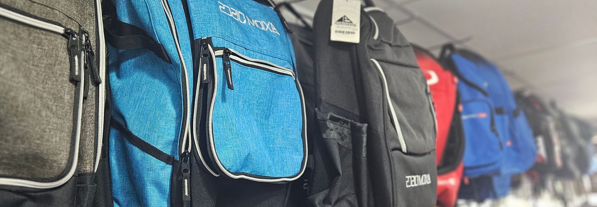 A row of disc golf bags fading into the distance with a a blue Axiom bag featured in focus.