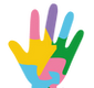 Colorful hand-shaped puzzle with the fingers colored pink, purple, blue, green, and the palm yellow.