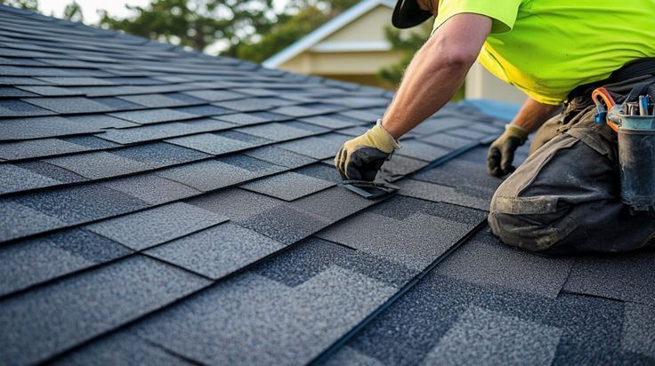 Roofer on a roof, installing asphalt shingles. The worker is wearing a bright green shirt.