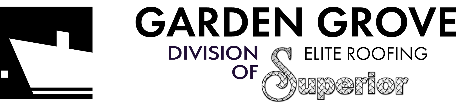 Garden Grove Elite Roofing logo. Text with a graphic of a house in white and black.