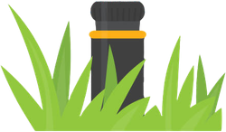 A sprinkler is sitting in the grass on a white background.