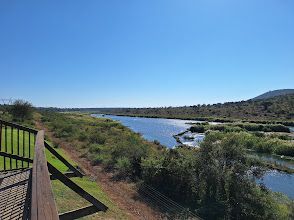 A view of a river from a wooden deck.
