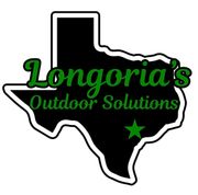 Longoria's Outdoor Solutions logo. Black Texas outline with white border; green text; green star pinpointing location.