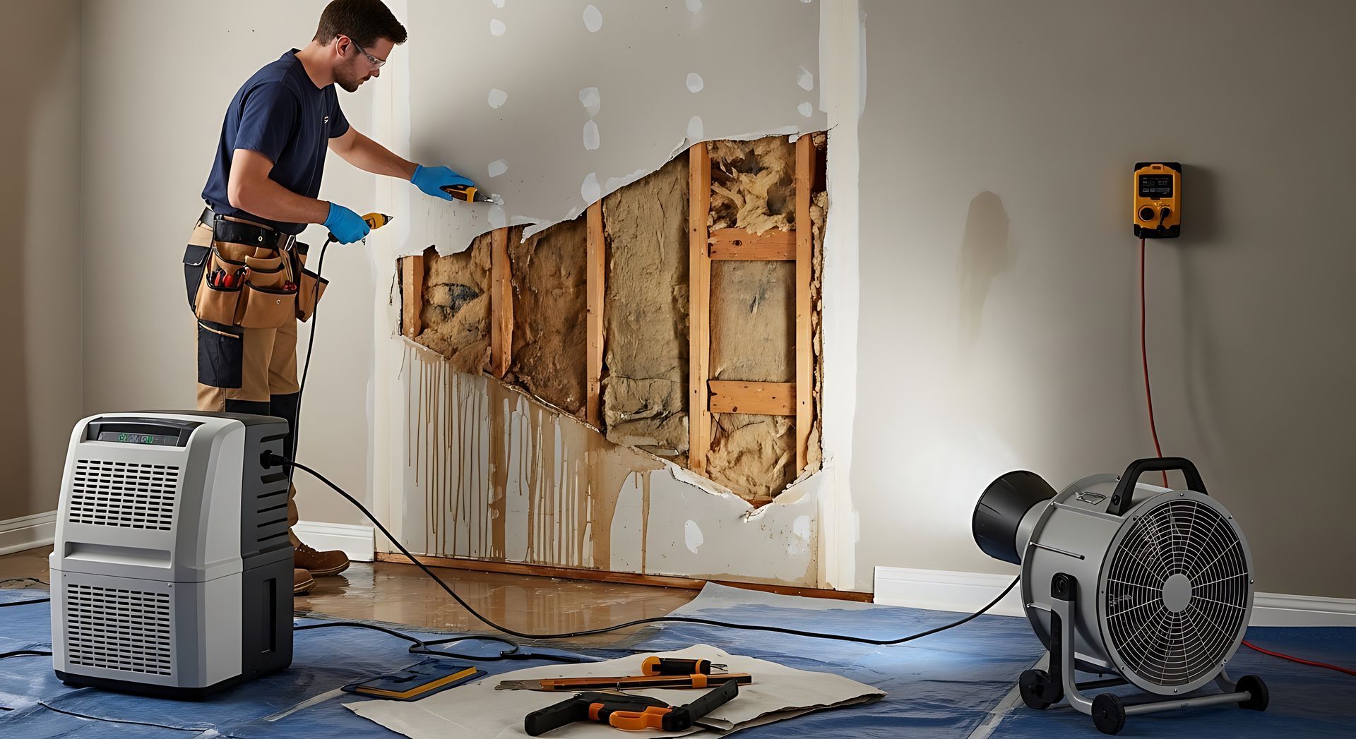 Technician removes wet drywall and insulation during water damage restoration
