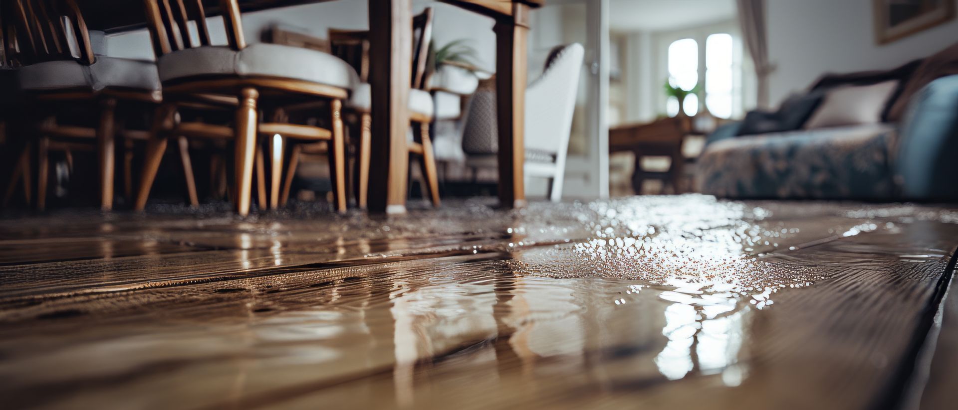 Water damage restoration needed for wet wooden floor after indoor leak near dining furniture. Water damage restoration needed for wet wooden floor after indoor leak near dining furniture.