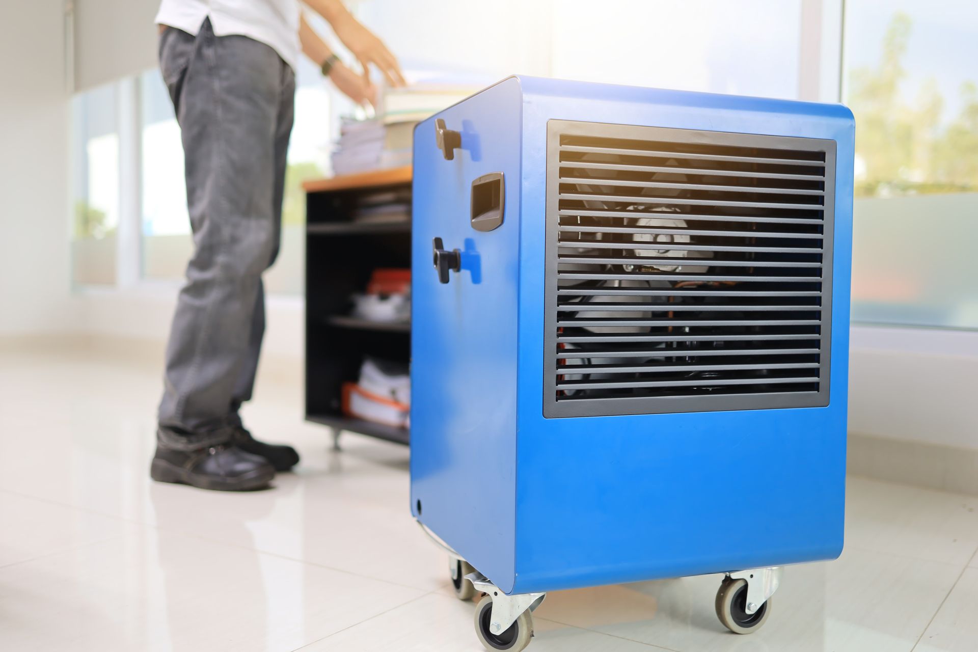 Close-up of a professional ventilator installed by a water damage restoration services contractor