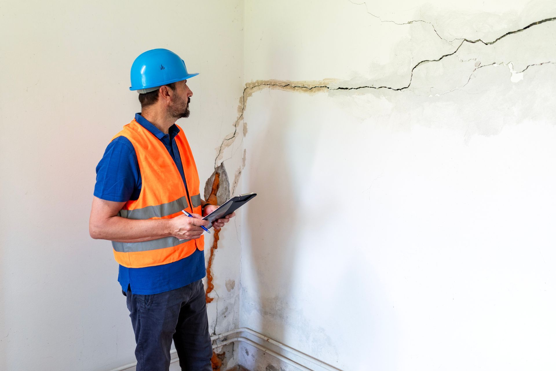 A man stands by a cracked wall, noticing the need for a home water damage restoration service.