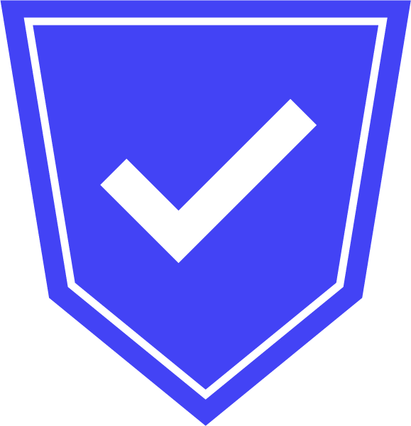 A blue shield with a white check mark on it.