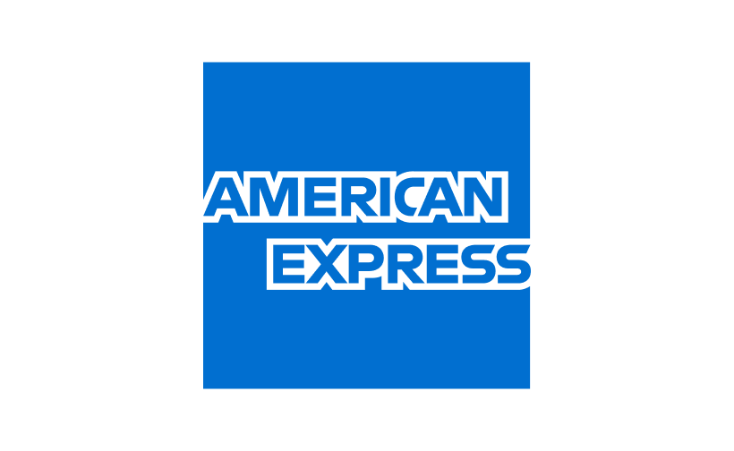 Logotipo da American Express com texto azul sobre um fundo quadrado azul.