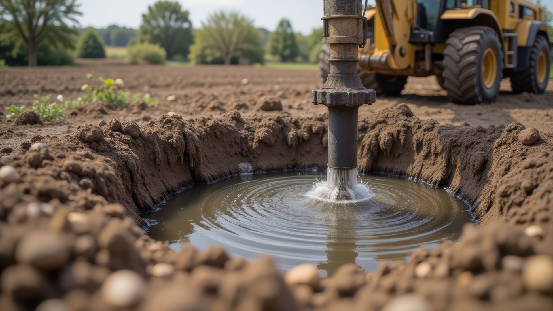 Drilling water well with auger machine in field. Drilling water well with auger machine in field.