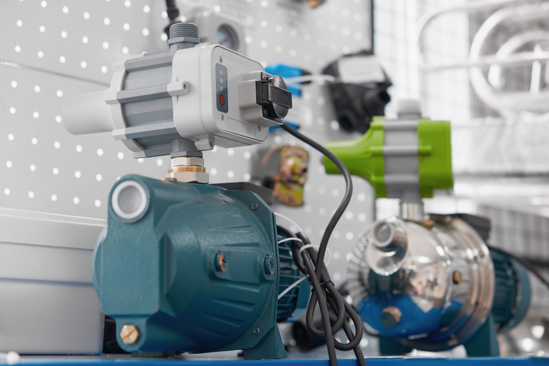 Water pumps on display at a hardware store, various sizes and colors.