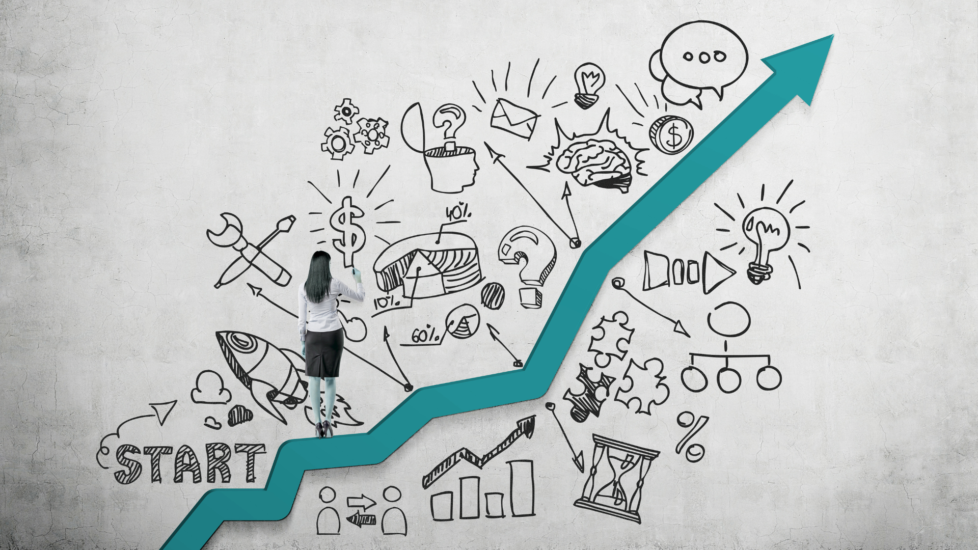 A woman is standing in front of a graph that says start