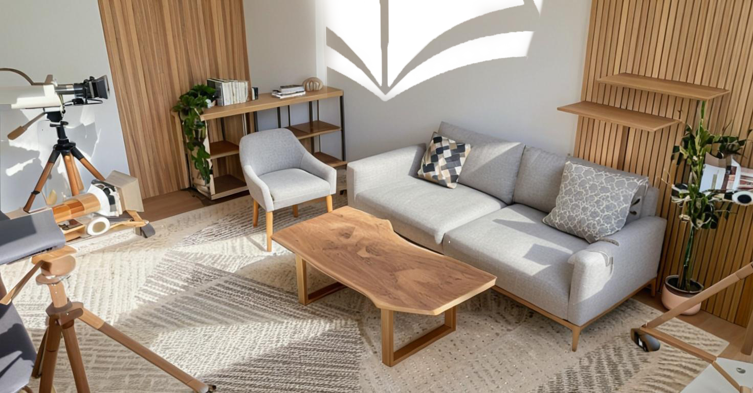 Cozy, sunlit living room with light-colored furniture, wooden accents, and camera tripods, suggesting a photoshoot setup.