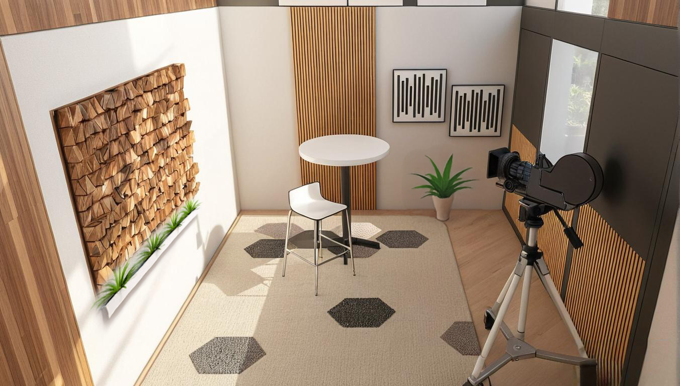 A room with a table and chairs and a camera on a tripod.