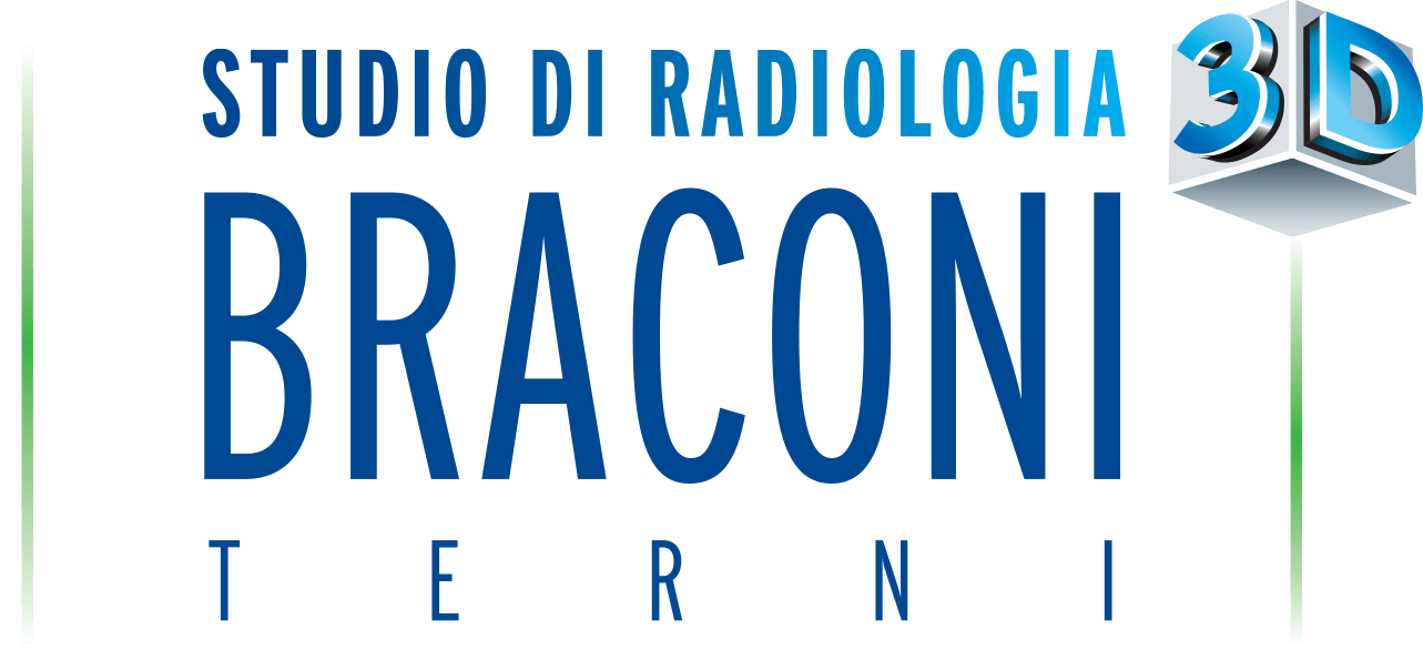 Logo per lo Studio di Radiologia Braconi di Terni, con testo blu e icona 3D su sfondo bianco.