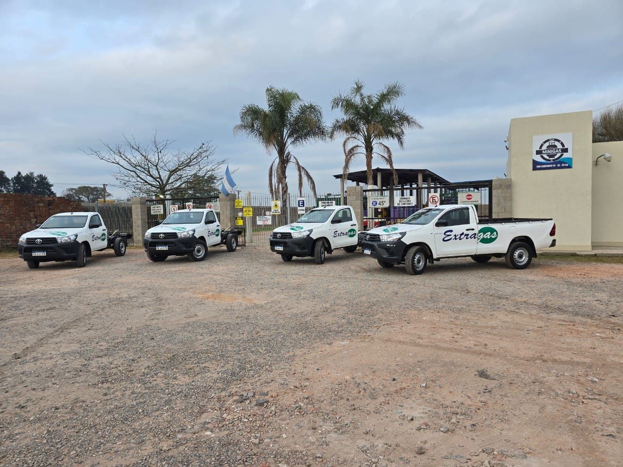 Cuatro camiones de servicio blancos estaban estacionados en fila en un terreno de grava frente a un edificio con palmeras.