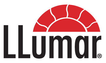 a red and black logo for llumar with a sun in the middle .
