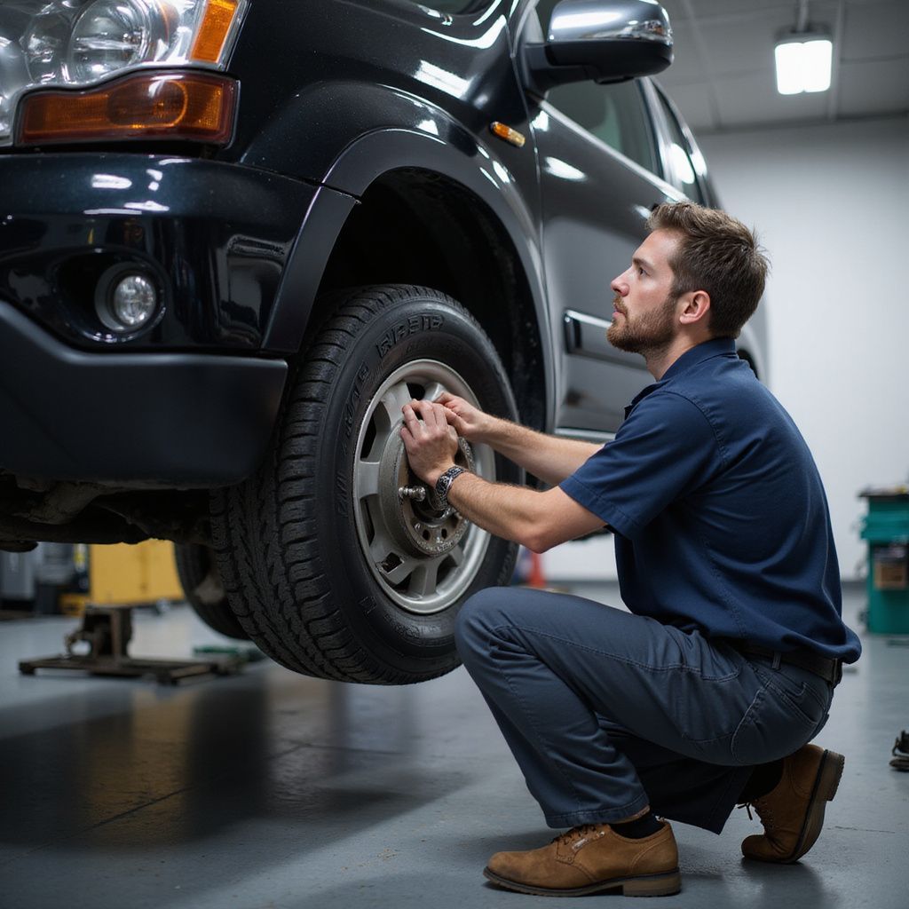 Mechanic in blue shirt crouches, tightening lug nuts on a vehicle's tire in a garage setting.