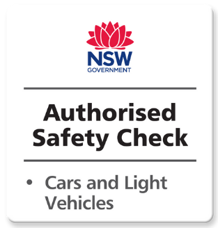 NSW Government sign: Authorised Safety Check for Cars and Light Vehicles.
