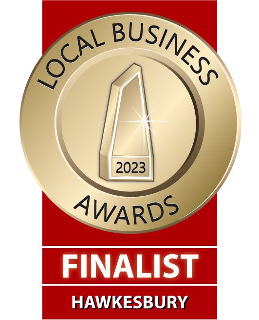 Local Business Awards Finalist badge, gold, red. Features a gold medallion with a trophy and 