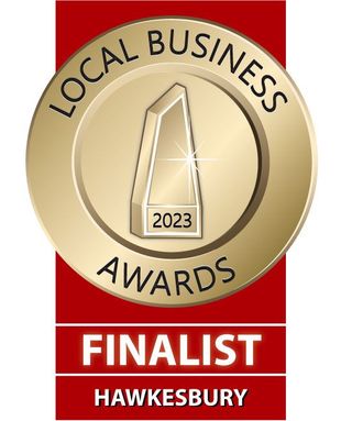 Local Business Awards Finalist badge, gold, red. Features a gold medallion with a trophy and 