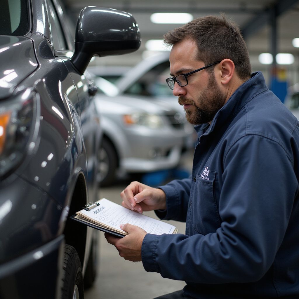 Mechanic inspecting a car, writing on a clipboard in a garage.