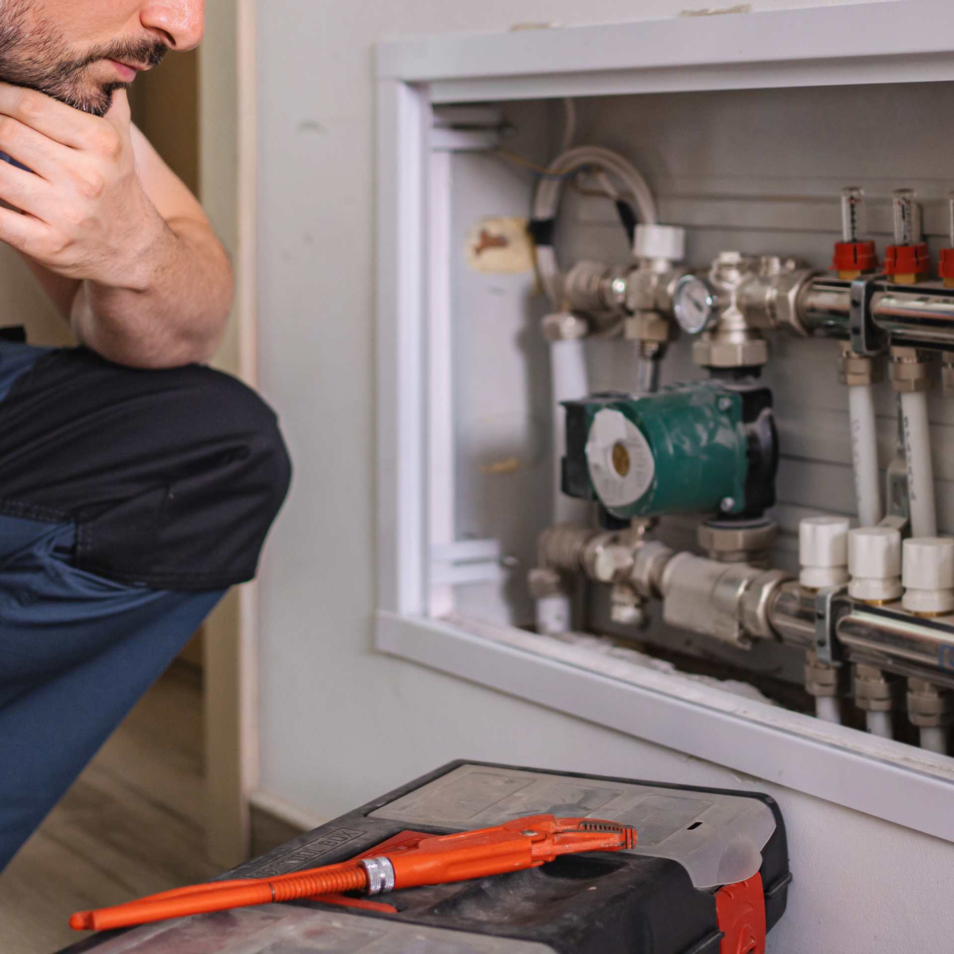 Man inspecting plumbing system with tools. The system has pipes, valves, and a pump.