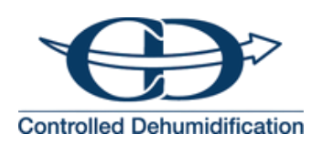 A blue logo for controlled dehumidification with an arrow