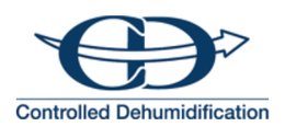 A blue logo for controlled dehumidification with an arrow