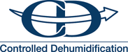 A blue logo for controlled dehumidification with an arrow pointing to the right.